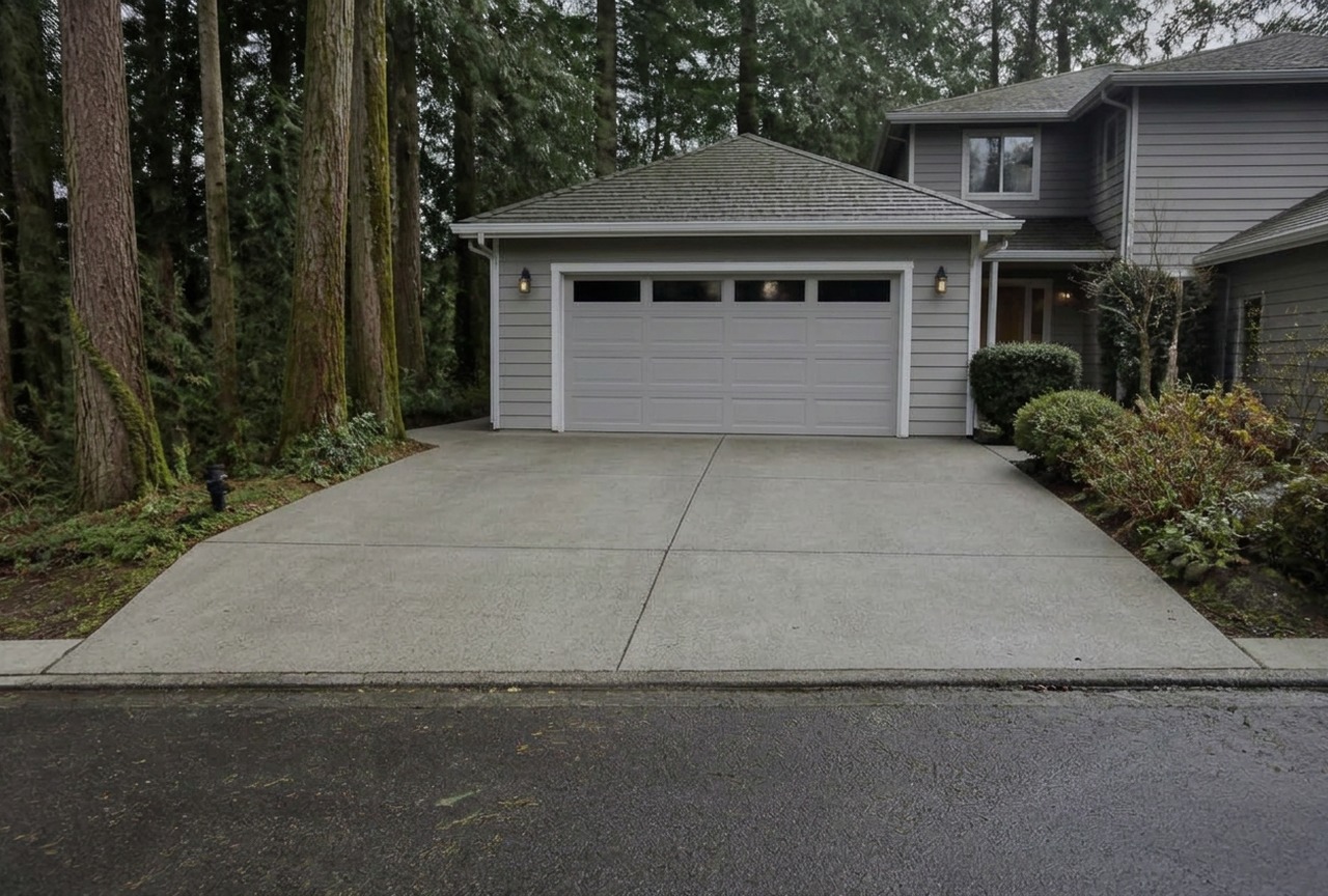 The same Portland driveway after professional pressure washing, clean light gray concrete