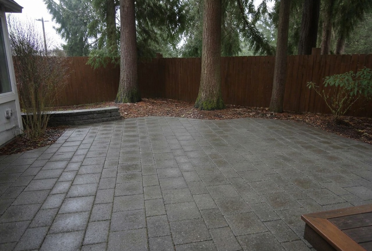 The same paver patio after pressure washing, clean gray pavers with crisp joints